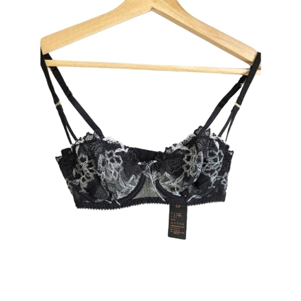 European floral embroidered lace mesh underwire  bralette black white 32B NWT